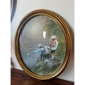 Vintage Homeco Gold Oval Frame with Photo of Father and Son Fishing